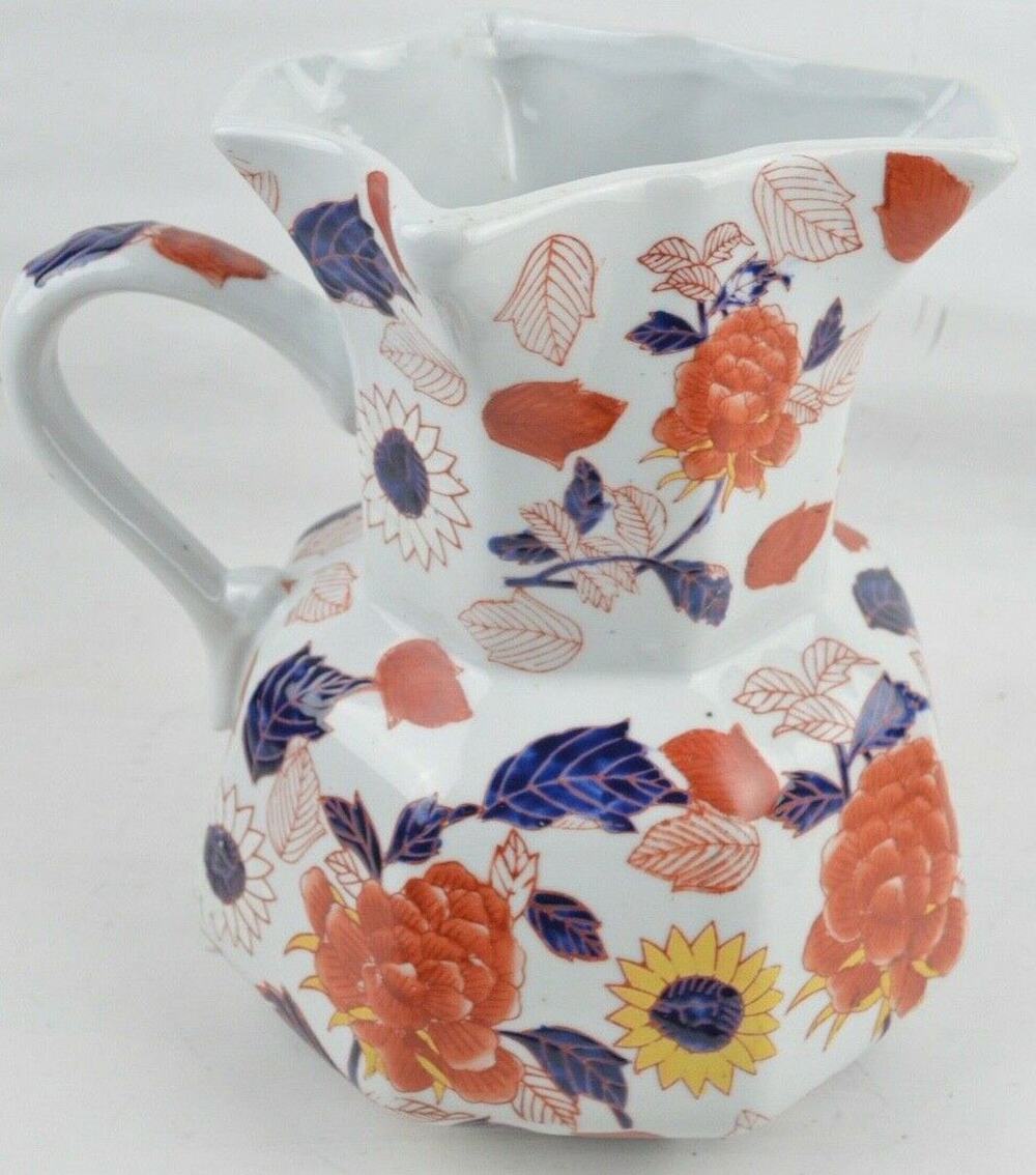 Vintage Victoria Ware Ironstone Pitcher 9.5" Imari Floral Octagonal Antique